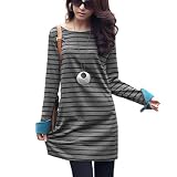 Allegra K Ladies Round Neck Long Sleeve Black Gray Striped Mini Dress S