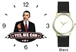 Barack Obama Picture - Yes We Can - President Barack Obama Commemorative - WATCHBUDDY&reg; DELUXE TWO-TONE THEME WATCH - Arabic Numbers - Black Leather Strap-Size-Large ( Men's Size or Jumbo Women's Size )
