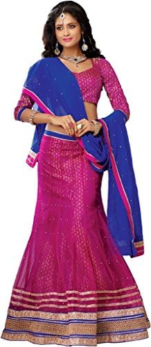 Suchi Women's Pink and Royal Blue Embroidery Border Work Net Semi Stitched Le...
