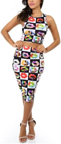 Ladies Various Colorful Lipstick Lover Skirts Set Crop Top-Large