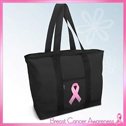 Pink Ribbon Tote Bag Black Deluxe Breast Cancer Awareness - For Travel or Beach Best Unique Gift Ideas for Her, Women, or Ladies