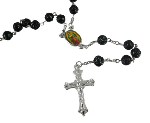 Rosary Necklace W/ Black Rose Beads Crucifix
