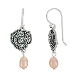 Sterling Silver Marcasite Flower Pink Pearl Drop Earrings