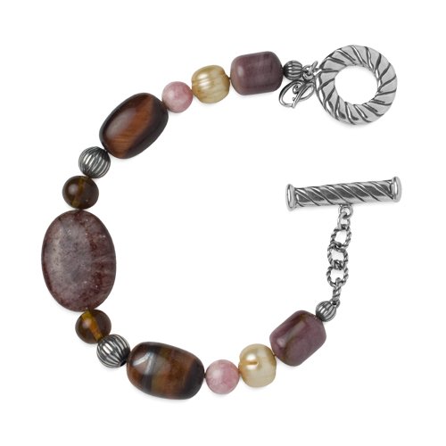Carolyn Pollack Sterling Silver, Tiger Eye, Amber, Rhodochrosite, Pearl, Mookaite and Muscovite Beaded Bracelet