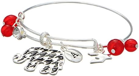 Silver Tone Wire Bangle Houndstooth Print Elephant Charm Accented Red Beads (Alabama Crimson Tide Theme)