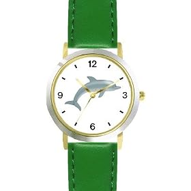 Dolphin or Porpoise - JP - WATCHBUDDY� DELUXE TWO-TONE THEME WATCH - Arabic Numbers - Green Leather Strap-Size-Women's Size-Small