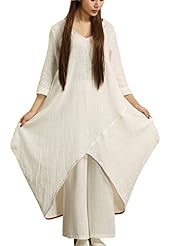 High-Low-Hem Elbow Length Sleeves Cotton/Linen Spring Fall  Dress