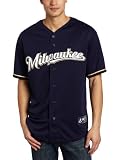 MLB Men's Milwaukee Brewers Navy Short Sleeve 6 Button Synthetic Replica Baseball Jersey  (Navy, Small)