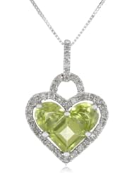 10k Gold Half Moon and Princess Peridot Stone Set and Diamond Heart Pendant Necklace (1/5 cttw, I Color, I2-I3 Clarity), 18"