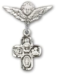 Sterling Silver Baby Badge with 4-Way Charm and Angel with Wings Badge Pin