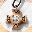 Durable Nylon String Necklace - 1" Wood Cross with Black Trim and Medallion - Made In Italy