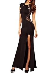 Girls Scoop Neck Full Length Short Sleeves Empire   Waistline Lace Sheer Stretchy Mesh Pleated Slit Cotton  Dress