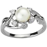 Entwining Vine Cultured Pearl Cubic Zirconia Ring in Platinum Overlay CAREFREE Sterling Silver, White