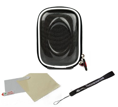 Best Price Carbon Fiber Black Durable Slim Protective Storage Cover Cube Carrying Case with Internal Mesh Pocket with Carabiner clip for Canon Power-Shot ELPH 500 HS ELPH 510 HS S95 SD970 IS SD1300 IS SD1400 IS SD3500 IS SD4000 IS SD4500 IS SX210 IS SX220 HS SX230 HS Point and Shoot Digital Camera + Includes a anti glare screen protector, will protect from any small scratches and dirt.