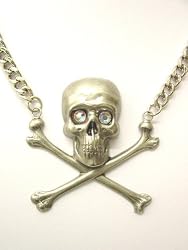 Rocker Jewelry Metal Jolly Roger Skull Crossbones Necklace Crystal Eyes