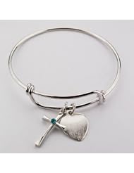 Large Bangle Bracelet with Emerald Birthstone Cross & Engravable Heart