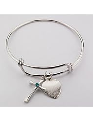 Small Bangle Bracelet with Emerald Birthstone Cross & Engravable Heart