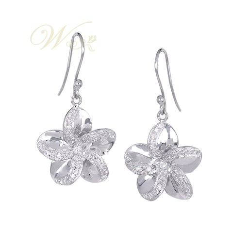 Plumeria Flower 14k White Gold and Diamond French Wire Earring
