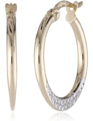 14K Yellow and White Gold 2mm Diamond Cut Hoop Earrings