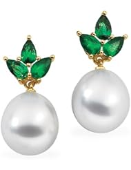 18K Yellow Gold Paspaley South Sea Cultured Fine Drop Pearl and Emerald Earrings - 10.00mm -- LIFETIME WARRANTY