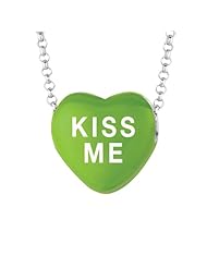 Sterling Silver 14mm Green enamel Sweethearts KISS ME Heart Pendant