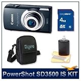 Canon PowerShot SD3500 IS Digital ELPH Camera (Black) 4193B001, 14.1 Megapixel, 3.5 Touch Panel LCD, 5x 24-120mm Equivalent UA Zoom Lens, DIGIC 4 Image Processor, 4 GB Memory Card, Case, and Lens Cleaner
