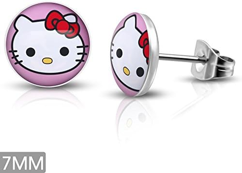 7mm | Stainless Steel Hello Kitty Inspired w/ Bow Circle Stud Earrings