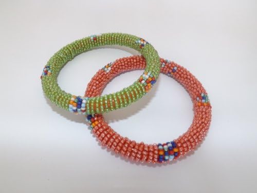 Holiday or Birthday Gift Set of 2 Green & Orange Handmade Beaded Bangle for Teens & Adults