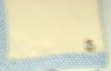 Knitted on Hand Knitting Machine Ivory Cotton Hand Crochet Finished with Blue Chenille Boys 32 By 46 Inches Matching Blanket Trimmed with Teddy Bear Patch