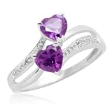 10k White Gold Double Heart-Shaped Amethyst w  Diamonds Heart Ring