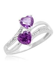 10k White Gold Double Heart-Shaped Amethyst with Diamond Heart Ring (0.02 cttw, I-J Color, I1 Clarity)