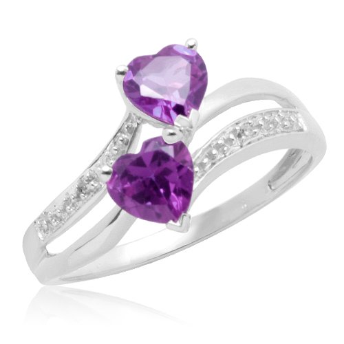 Double Heart-Shaped Amethyst with 10k White Gold Diamonds Heart Ring