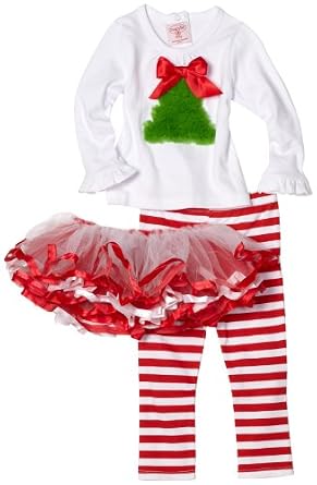 Baby Girl Christmas Tree Holiday Tutu Dress with Red & White Stripe Pant Set by Mud Pie