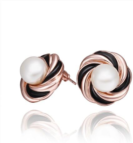 DUMAN 18k Rose Gold Plated Earrings Twisted Flower White Pearl Stud Earrings Health Jewelry Nickel Free