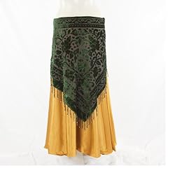 Green Burnout Velvet Triangular Hip Scarf/Shawl with Beaded Fringe