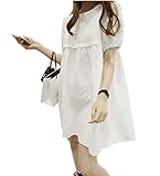 【SEBLES】マタニティ ファッション ワンピース カジュアル フレア スカート 無地 コットン 綿麻 ラウンドネック ハイウエスト ミニスカート 半袖 初夏 夏(ホワイト,S)