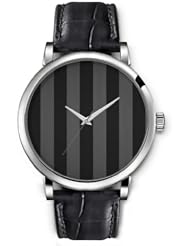 SPRAWL Aanalog Fashion Series Silver Ladies Watches of Genuine Black Leather Strap,Unique Wrist Watch for Women Girls Designed with Gray and black bars
