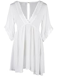 Plunging Neck Bell Sleeves Lace Flared-Skirt  Dress