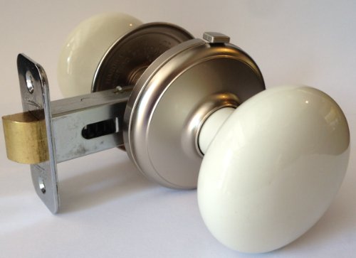 Gainsborough GENUINE PORCELAIN Door Knob Set (LOCKING Bed & Bath, BISQUE (Off-White) Porcelain & SATIN NICKEL)