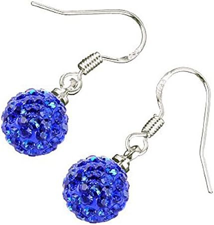 Sterling Silver Plated, 10MM Sapphire Blue AB Clay Crystal Shamballa Balls, Dangle Drop Earrings, 26mm X 10mm