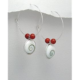 Designer Sterling Silver and Red Coral Hoop Earrings - Gems Couture