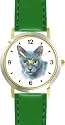 Blue Burmese Cat - JP - WATCHBUDDY&reg; DELUXE TWO-TONE THEME WATCH - Arabic Numbers - Green Leather Strap-Children's Size-Small ( Boy's Size & Girl's Size )