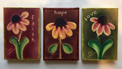 Wooden trio wall art plaque keepsakes "Faith Hope and Love" daisies