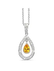 Twin Pear Shaped Diamond Pendant In 18K White Gold With A 0.65 ct. Genuine Citrine Center Stone.
