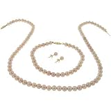 14k Yellow Gold 5-5.5mm Pink Freshwater Cultured Pearl Necklace, Bracelet and Stud Earring Set