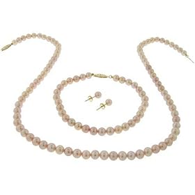 14k Yellow Gold 5-5.5mm Pink Freshwater Cultured Pearl Necklace, Bracelet and... by Amazon.com Collection