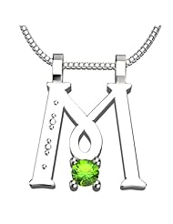Sterling Silver Letter M - August Peridot Birthstone 18 Inch Necklace