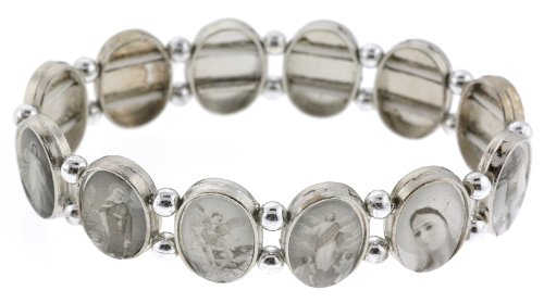 Stretchy Adjustable Bracelet - Black and White Images of Jesus and Other Religious Icons - 6 to 7.5 in.