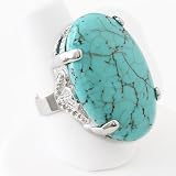 Silvertone Imitation Turquoise Oval Cocktail Stretch Fashion Ring