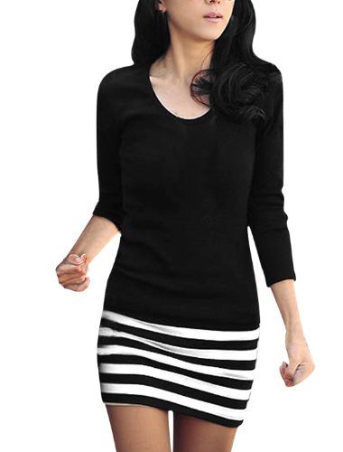 Allegra K Ladies Scoop Neck Full Sleeve Textured Stripes Mini Dress Black M